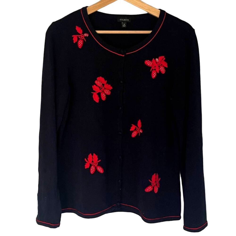 Talbots Embroidered Strawberries Cardigan Black SZ MEDIUM Cottagecore Berry EUC